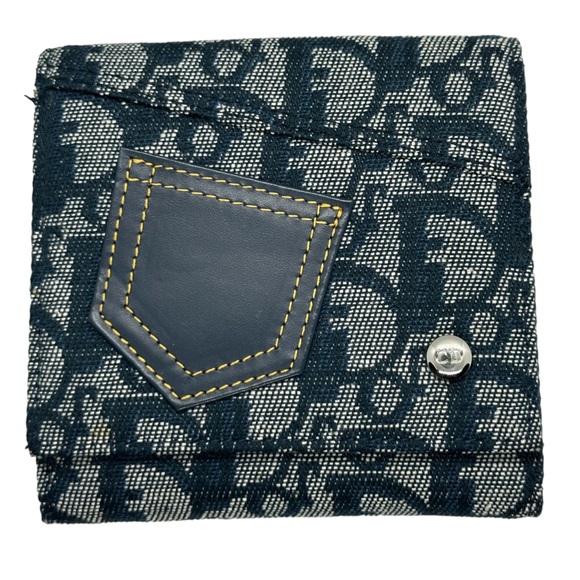 DIOR NWOT DEADSTOCK TROTTER BLUE DENIM CANVAS & LEATHER COMPACT WALLET W DUSTBAG - Picture 5 of 16
